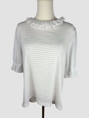 Sara Campbell White Smocked Top Blouse Sz‎ L Ruffle Collar Puff Sleeve Coquette